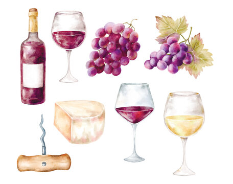 Collection of separate watercolor elements: wine bottle, red and white wine glasses, grape clusters, cheese wedge, and corkscrew. Perfect for DIY stationery, invitations, or digital scrapbooking.