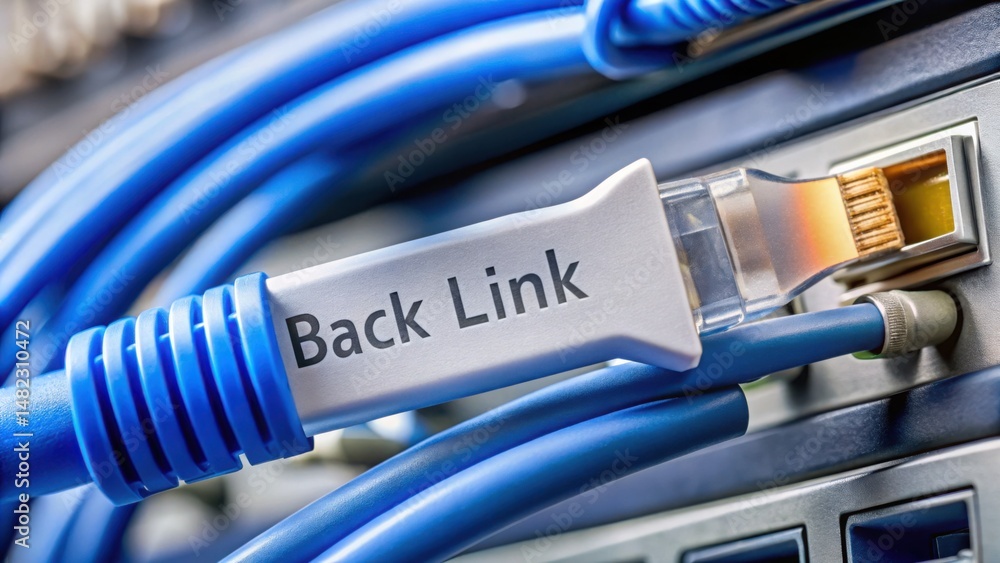 Poster Close-Up Image of a Blue Network Cable Connection on a Server