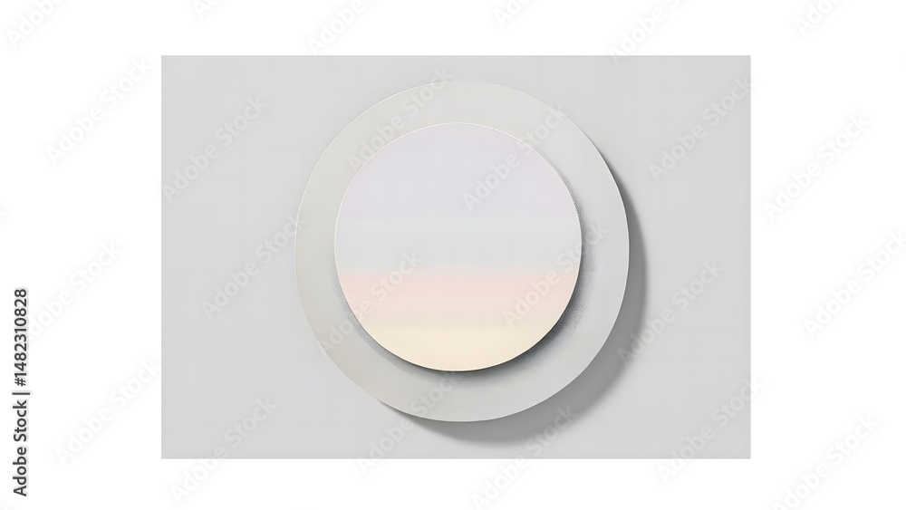 Poster abstract circles art piece with gradient coloring and shadows, mounted on a gray wall with a simple 