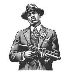 African-American gangster man in a suit, hat, holding machine gun sketch engraving generative ai fictional character vector illustration. Scratch board imitation. Black and white image.