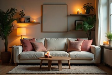 Cozy living room decorated with throw pillows, candles, and plants on shelves Warm lighting creates a relaxing atmosphere , plants, decor, calm