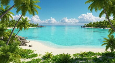 Tropical beach scene with turquoise water white sand and palm trees.