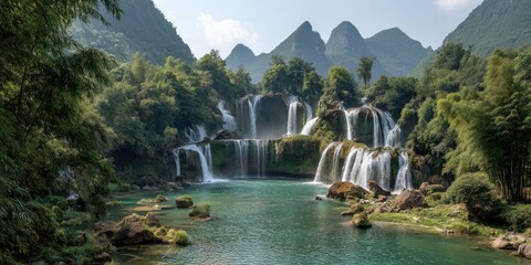 Obraz premium High-definition image capturing a tall and wide waterfall amidst green, layered mountains, with a clean pool below and bamboo trees framing the scene, taken from a low angle. 