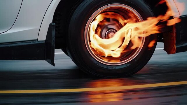 White car drifting on wet road with rear tire igniting fire sparks, dynamic high-speed action symbolizing adrenaline, burnout and aggressive street racing motion