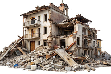 Destroyed buildings after earthquake isolated on white t background, AI GENERATED
