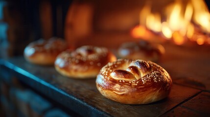 Pretzels oven fresh baked Freshly baked pretzels in a warm, rustic setting.