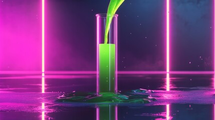Green liquid pouring into test tube with neon light glow in a scientific laboratory setting, close-up of chemical experiment with vivid fluorescent colors and modern research equipment
