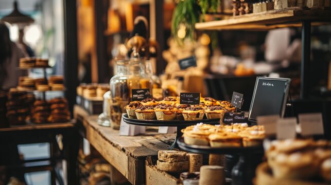 Bakery pastry counter in warm cafe for artisan cooking lifestyle sweet dessert bread gourmet indulgence rustic