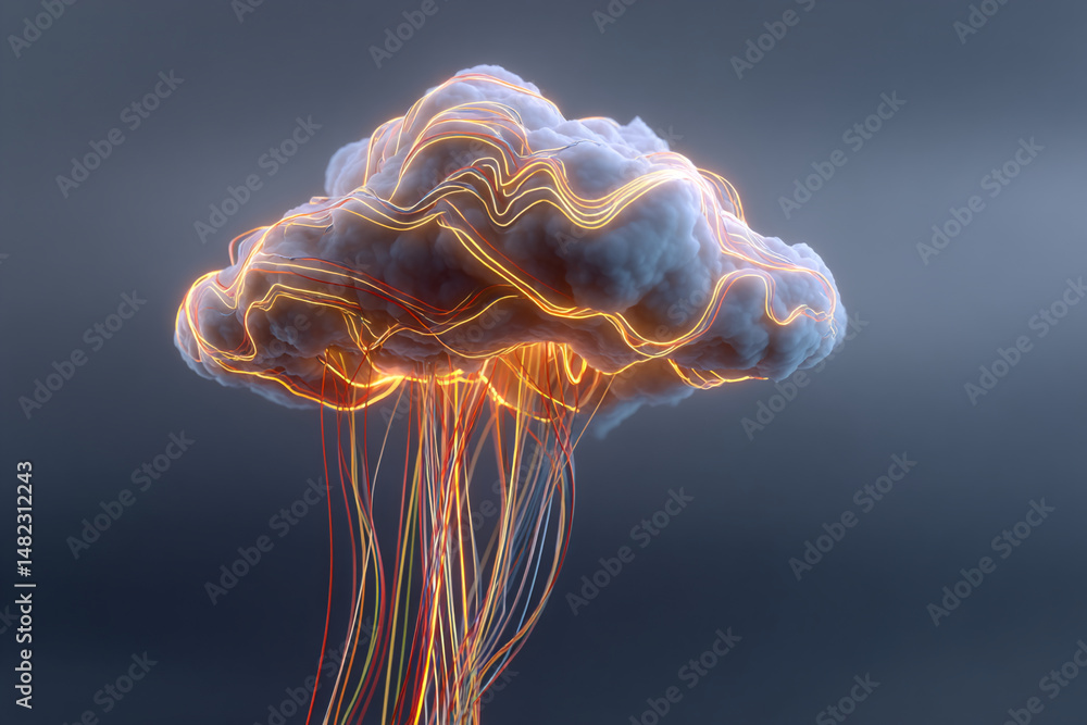 Poster cloud shaped like brain, illuminated with glowing lines, symbolizing connectivity, data flow, or neu