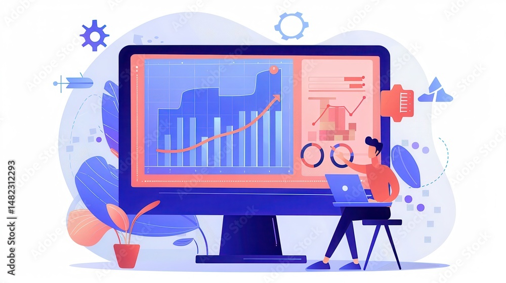 Poster illustration of a person analyzing data on a large monitor with charts and graphs displayed on scree