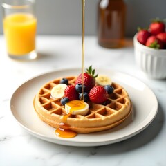 A freshly baked waffle adorned with a generous drizzle of warm, golden honey and an assortment of vibrant, colorful fruits &ndash; juicy strawberries, plump blueberries, and sliced bananas &ndash; arranged artful