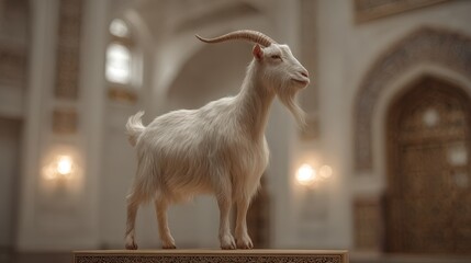Fototapeta premium A white goat stands stately in a grand hall.