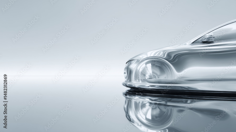 Poster sleek futuristic car design reflecting on a smooth surface in a minimalist setting.