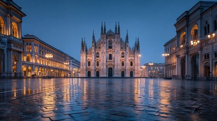 Obraz premium Cathedral's majestic facade stands against a twilight sky. Wet pavement reflects the architectural brilliance, creating a stunning, ethereal scene.