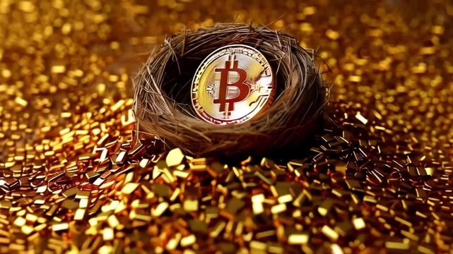 Bitcoin-M&uuml;nze in einem Vogelnest mit Goldst&uuml;cken