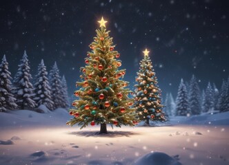 Glowing Christmas tree, vibrant baubles, snowy scene, festive backdrop ,  merry christmas,  gold