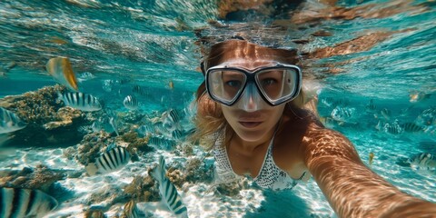 Fototapeta premium Woman. Snorkeling With Colorful Exotic Fish, Exploring Tropical Reef. Amazing Underwater Ocean World