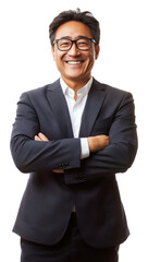 PNG Asian American businessman with arms crossed over glasses suit professional.