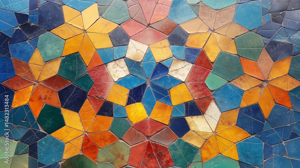 Poster mosaic art showcases vibrant colors and geometric patterns reflecting abstract design principles
