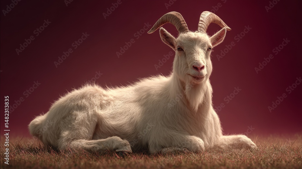 Poster a digital rendering of a resting white goat.