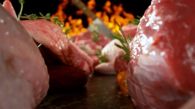 Slow motion, camera move. Large assortment of premium raw meat, beef, sausages, pork and chicken suitable for butchery advertising, fire on background