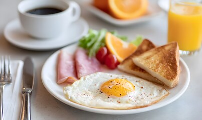 breakfast scene with a focus on a white ceramic plate placed in the center on a light-colored table. Generative AI
