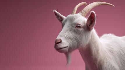 Obraz premium Close-up portrait of a white goat against a magenta backdrop.