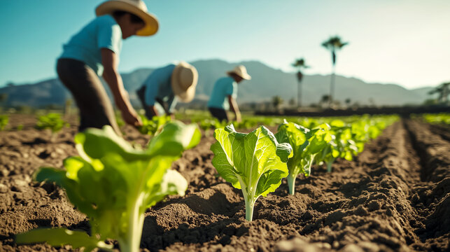 Farmers tending to fresh lettuce crops in a sunlit field, showcasing sustainable agriculture practices.