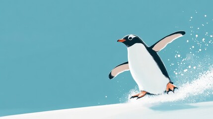 Obraz premium A gentoo penguin playfully sliding on snow, against a teal backdrop.