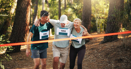 Race, people running and help to finish line for exercise aid, fitness and challenge together in...