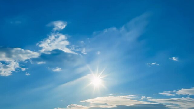 Sunny day, blue sky, white clouds, sun rays, nature background, perfect for website header
