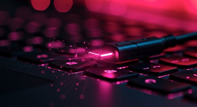 Usb c cable connector glowing on laptop keyboard