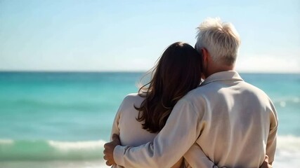 Retired middle aged couple hugging on the beach enjoying the view of the ocean on vacation - Powered by Adobe