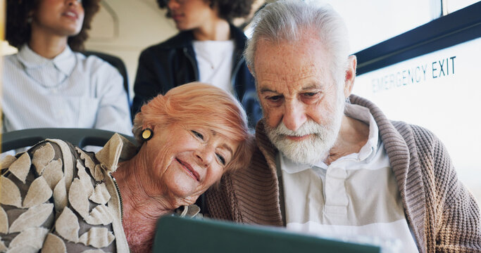 Senior couple, movies or tablet on bus ride to destination for romantic videos, holiday or vacation. Love, relationship or elderly tourists by window in city transport for retirement or streaming - Powered by Adobe