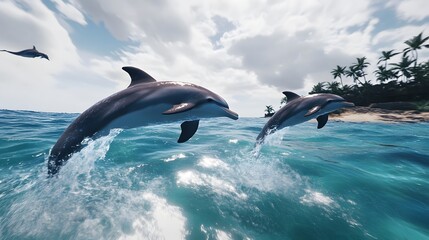 Obraz premium Dolphins Leaping in Ocean Waves