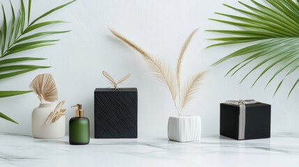 Bathroom products with tropical leaves and sun for spa skincare wellness minimal freshness beauty natural