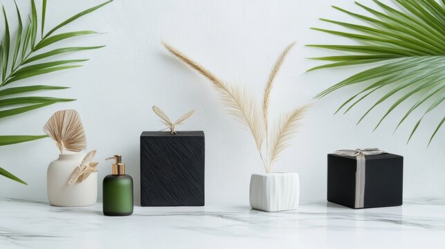 Bathroom products with tropical leaves and sun for spa skincare wellness minimal freshness beauty natural