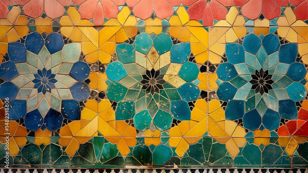 Poster mosaic art featuring vibrant colors and geometric patterns in an abstract design