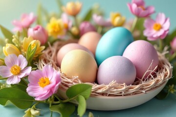 Pastel-colored Easter eggs nestled in a spring flower arrangement , flatlay, white