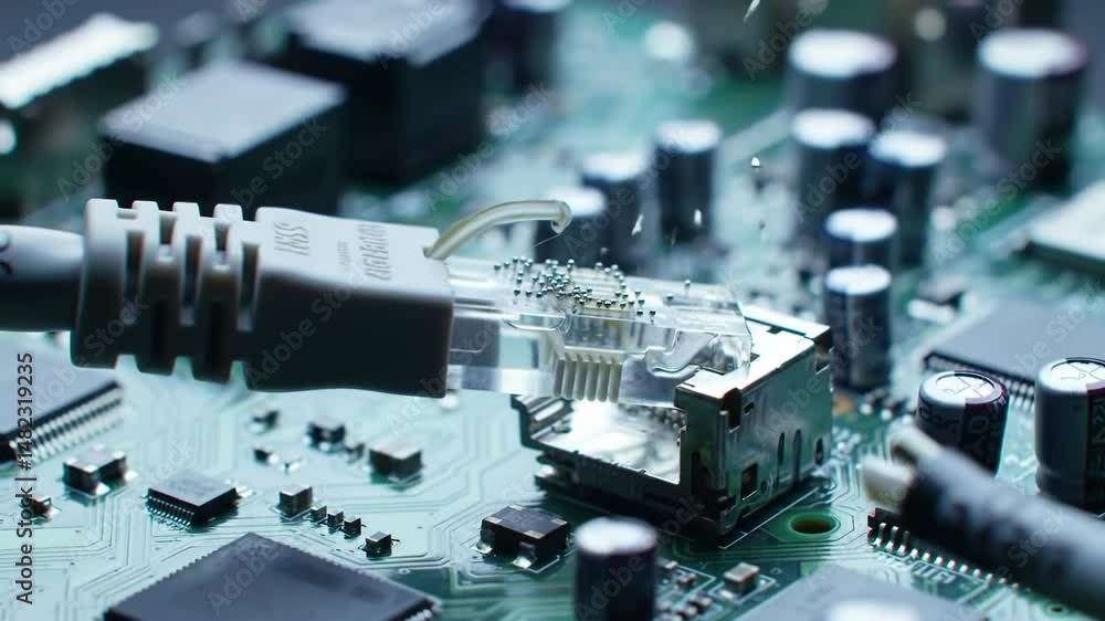 Poster closeup of ethernet cable connecting to circuit board, illustrating digital communication and networ