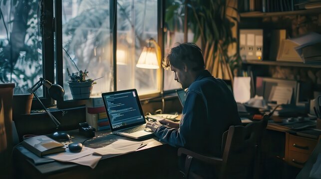 Man working on laptop with code on screen at cluttered desk near window with natural light indoors