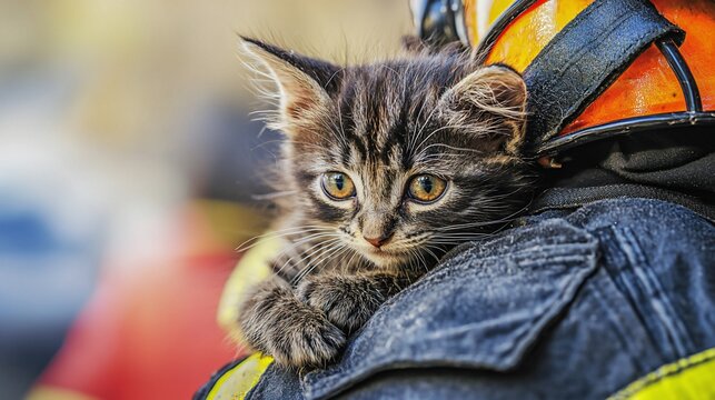 Rescued kitten rests on the shoulder of a brave firefighter for safety