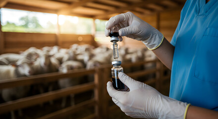 Medical Professional Prepares Vaccine Injection for Sheep in Wooden Barn with Natural Light and Blue Scrubs