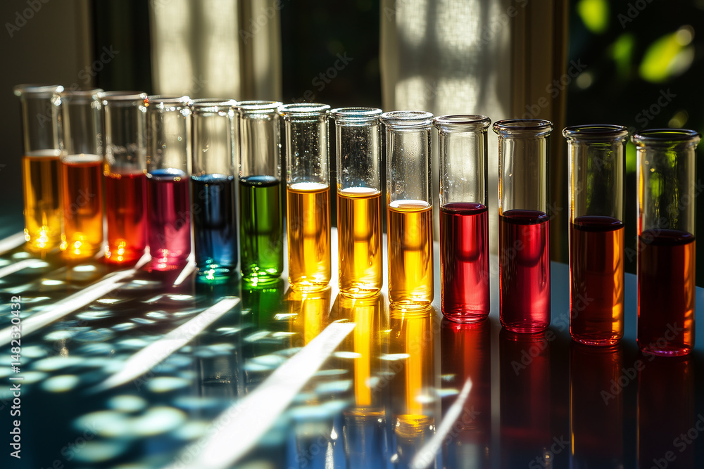 Poster colorful test tubes filled with liquids arranged on a textured surface reflecting light in a laborat