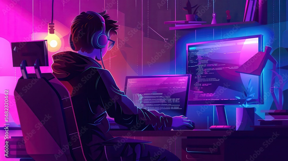 Poster a person coding at a desk with headphones on illuminated by neon lights and computer screens glow