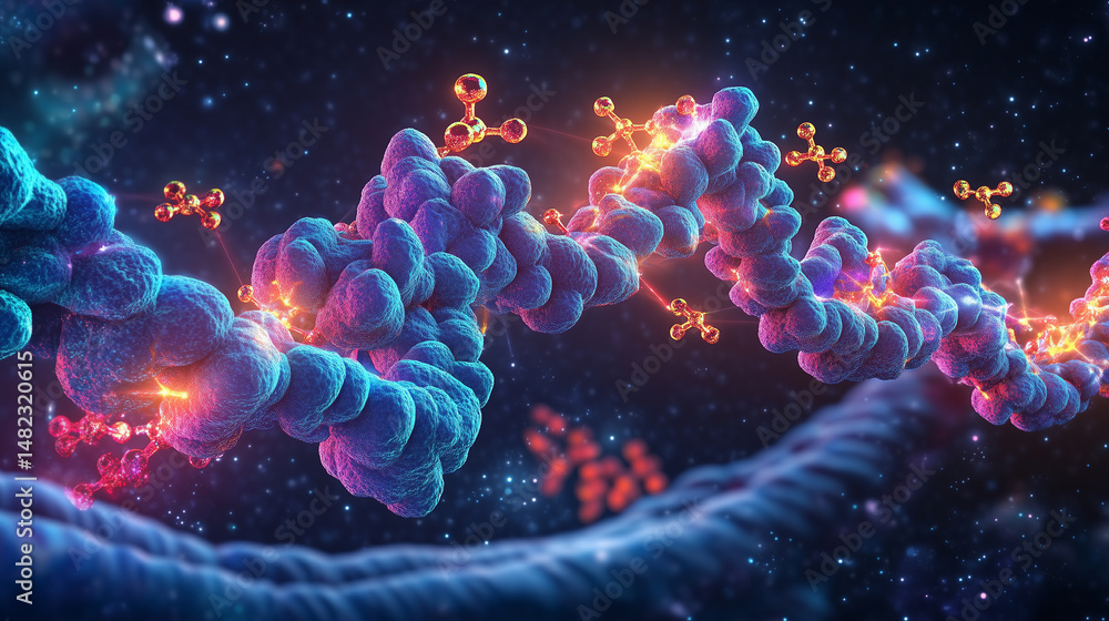 Aufkleber visualization of protein interactions with molecular structures in a vibrant scientific setting