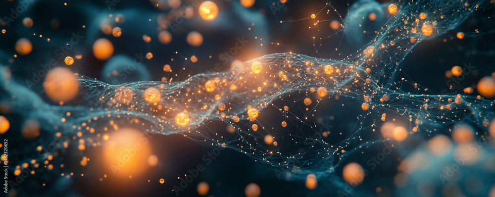 Poster floating genetic material showcases intricate dna structures with glowing elements and vibrant color