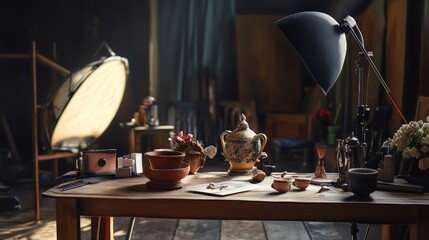 Obraz premium Antique writing desk with books and lamp for study vintage knowledge history academia scholarly objects