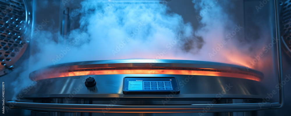 Poster digital autoclave with steam rising and glowing indicator in laboratory setting at afternoon