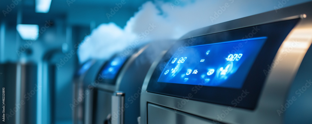 Poster autoclave equipment with digital display and steam rising in a laboratory setting